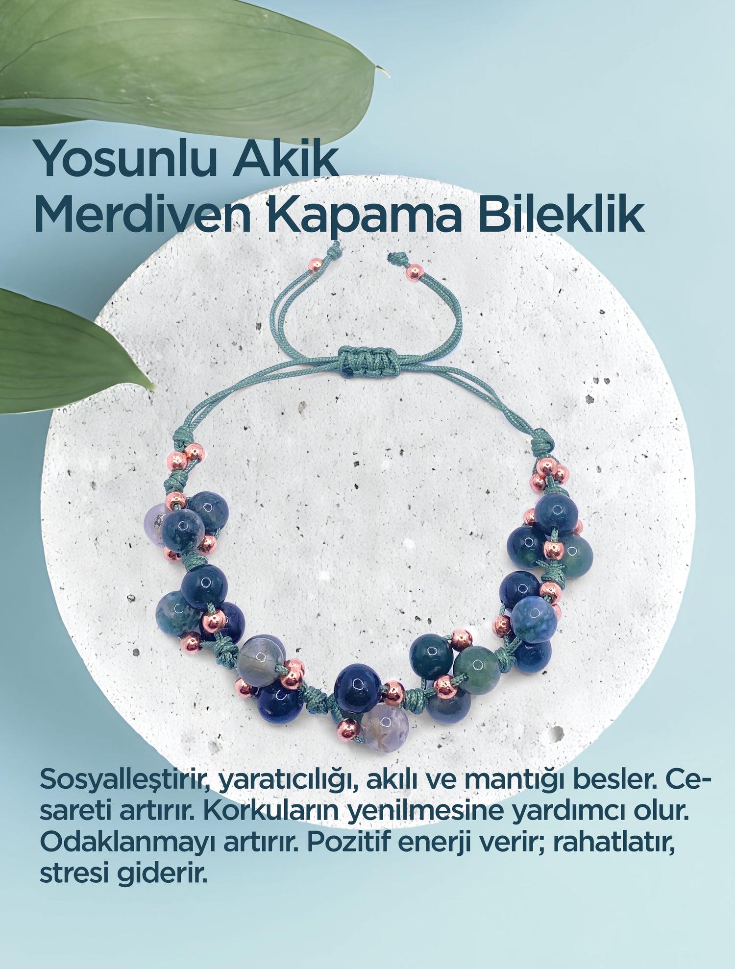 Yosunlu Akik Doğal Taş Merdiven Kapama  Ayarlanabilir Bileklik 