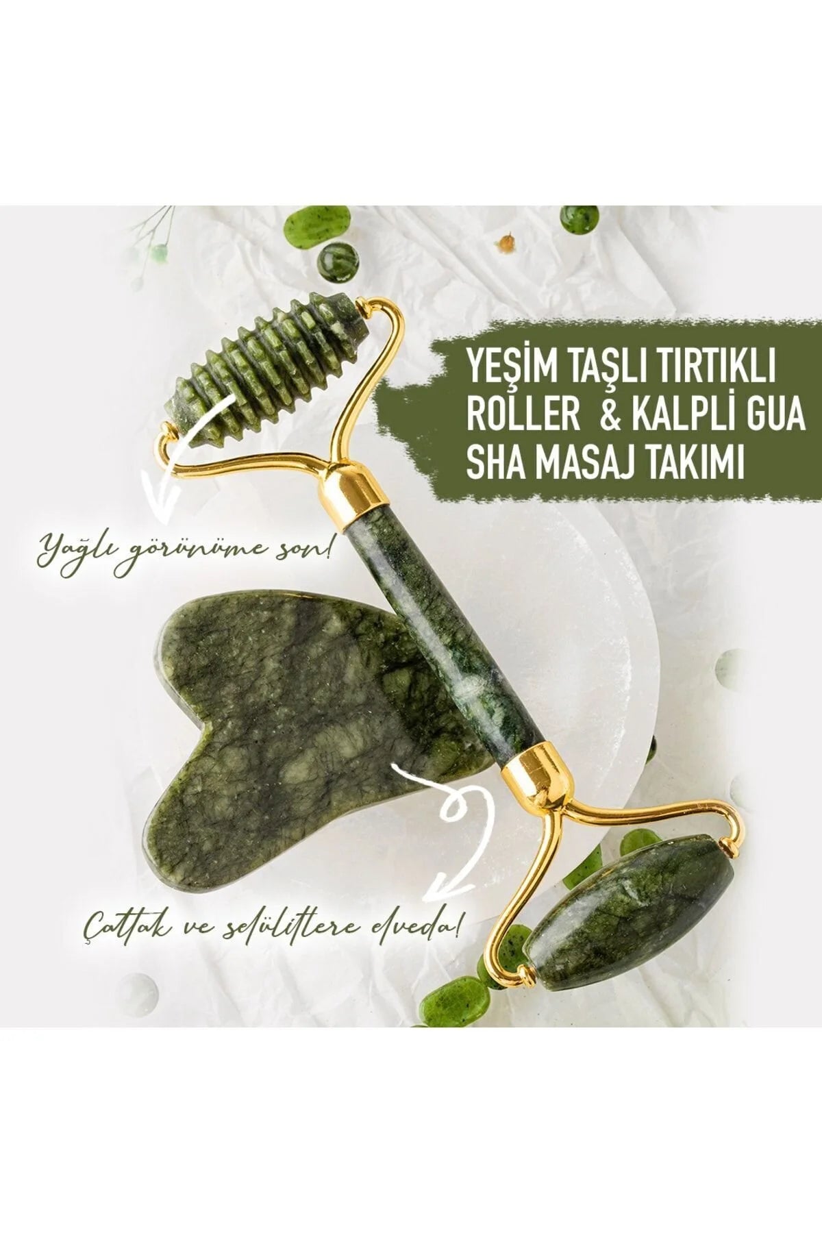 Osmanlı Doğaltaş Sertifikalı Yeşim Tırtıklı Roller ve Kalp Gua Sha Yüz Masaj takımı