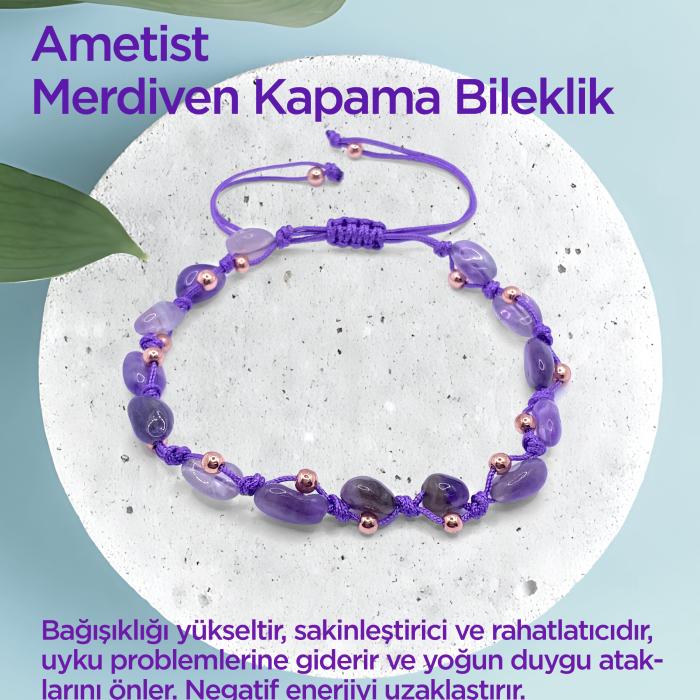 Ametist Doğal Taş Merdiven Kapama Büyük Kesim Naturel İpli Her Bileğe Ayarlanabilir Bileklik