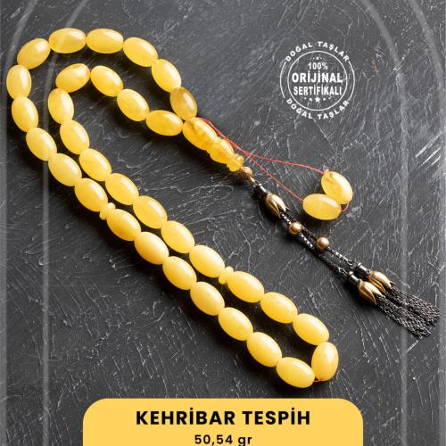 Sertifikalı Lale Motifli 9-12 mm Kapsül Kesim Gold Kaplama Gümüş Kehribar Tesbih - 50,54 g