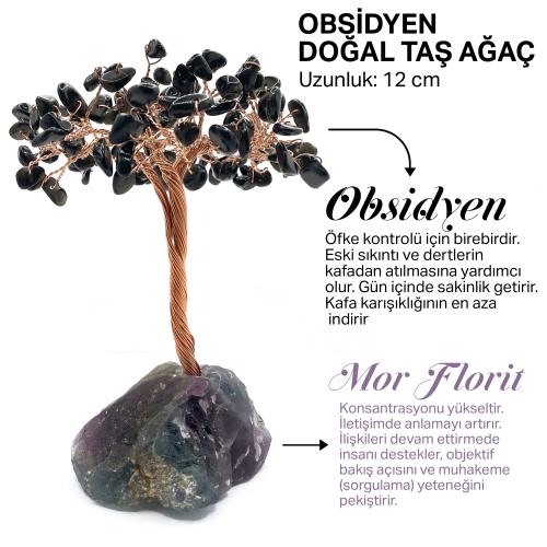 Sertifikalı Hakiki Orijinal Doğal Taş Obsidyen Ağaç - Alt Kısmı Mor Florit