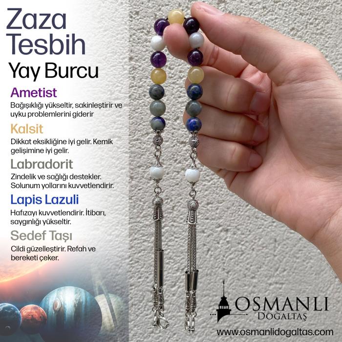 Yay Burcu Zaza Tesbih Doğal Taş Ametist, Kalsit, Labradorit, Lapis Lazuli, Sedef