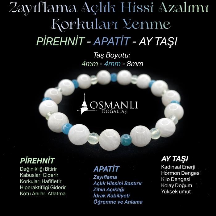 Zayıflama Açlık Bastırma Korkuları Azaltma Bilekliği - Ay Taşı - Prehnit - Apatit 4mm-8mm Sertifikalı Hakiki Orijinal Doğal Taş Bileklik